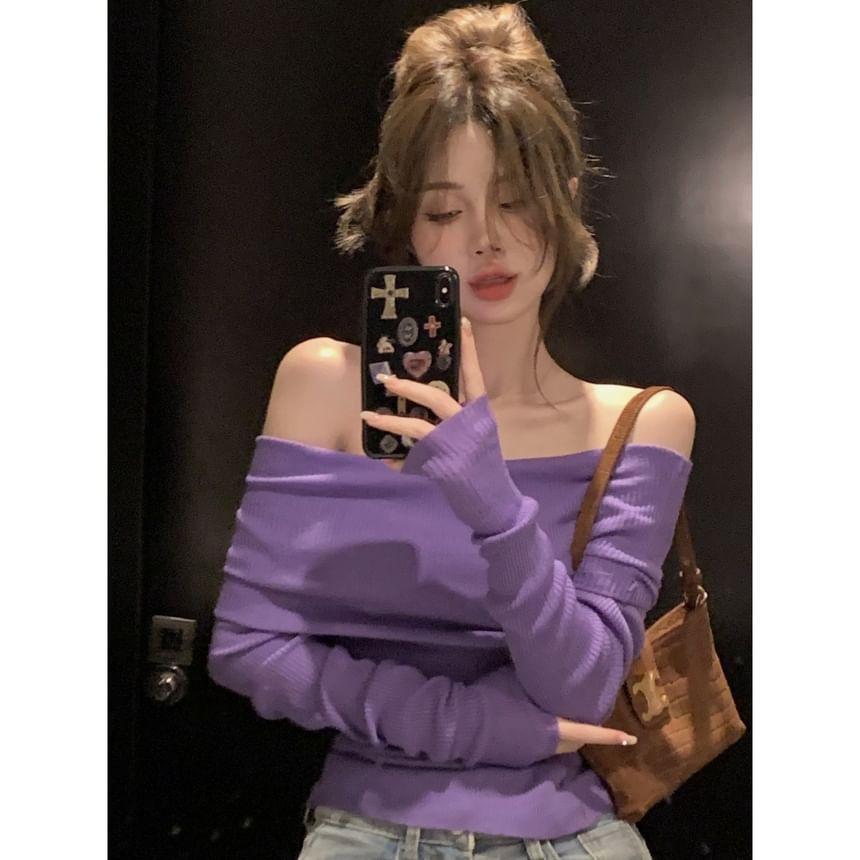 Long-Sleeve Off-Shoulder Plain Ribbed Slim Fit Knit Top Product Image