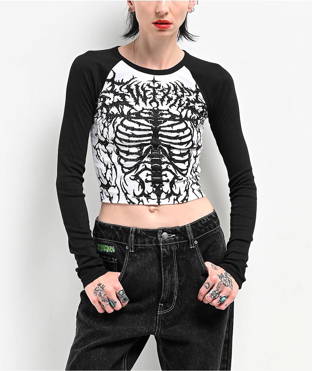 SWIXXZ Raglan Ribs Black & White Long Sleeve Crop T-Shirt Product Image