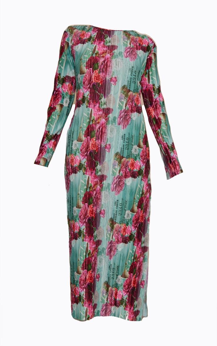 Pink Rose Print Plisse Long Sleeve Split Detail Midi Dress Product Image