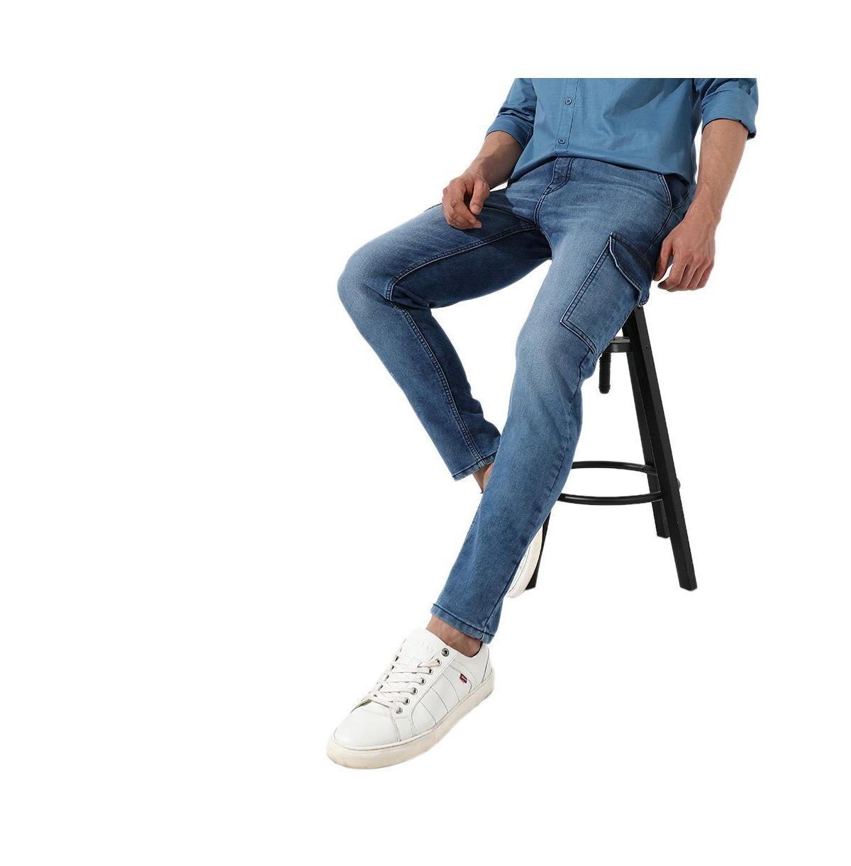 Campus Sutra Mens Medium-Wash Cargo Denim Jeans Product Image