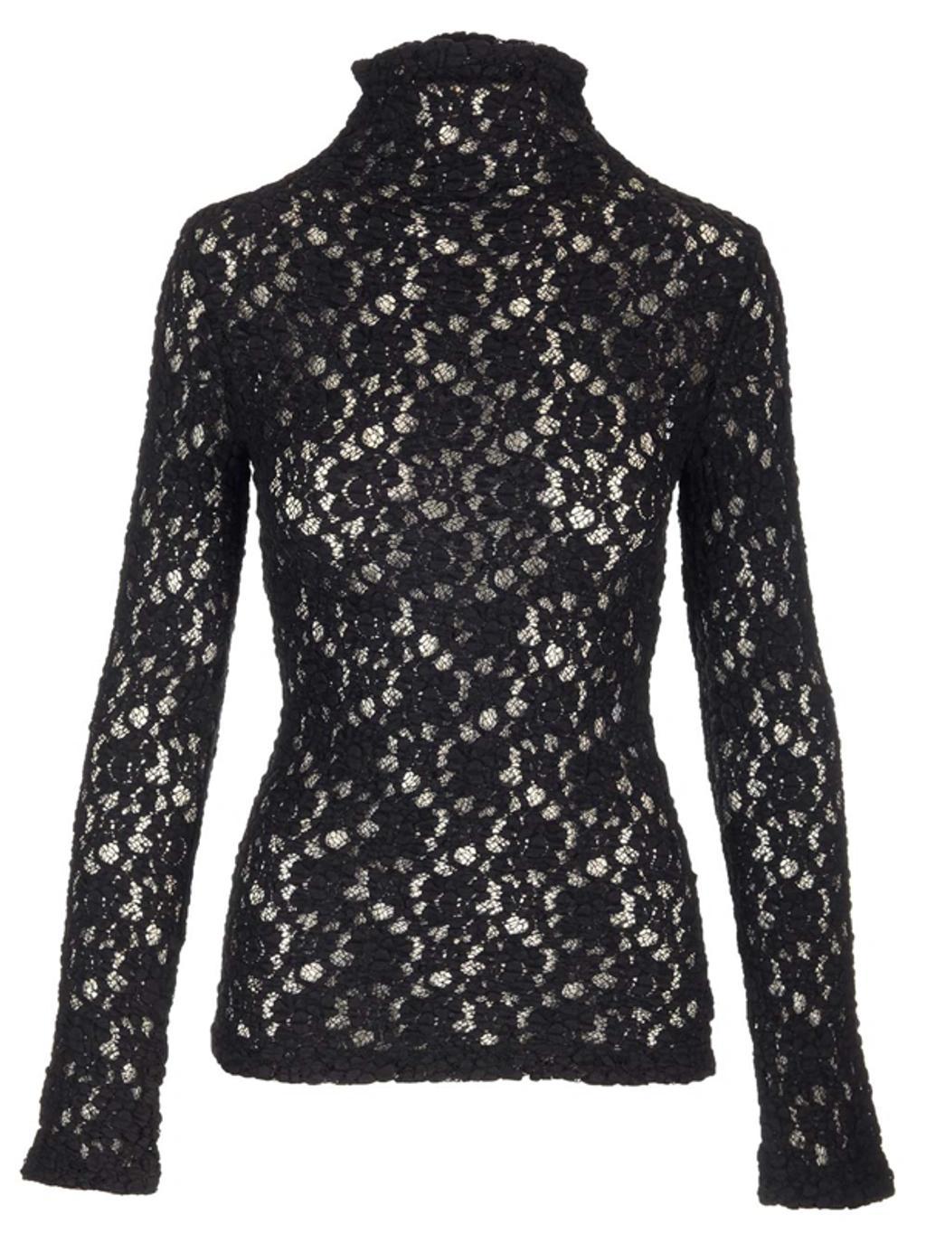 Turtleneck Long-sleeve Smocked Lace Top In Black Product Image