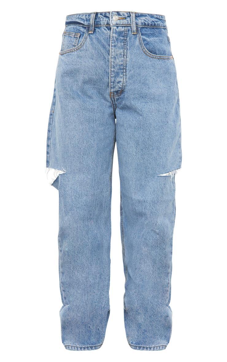 Mid Wash Thigh Split Baggy Boyfriend Jeans Product Image