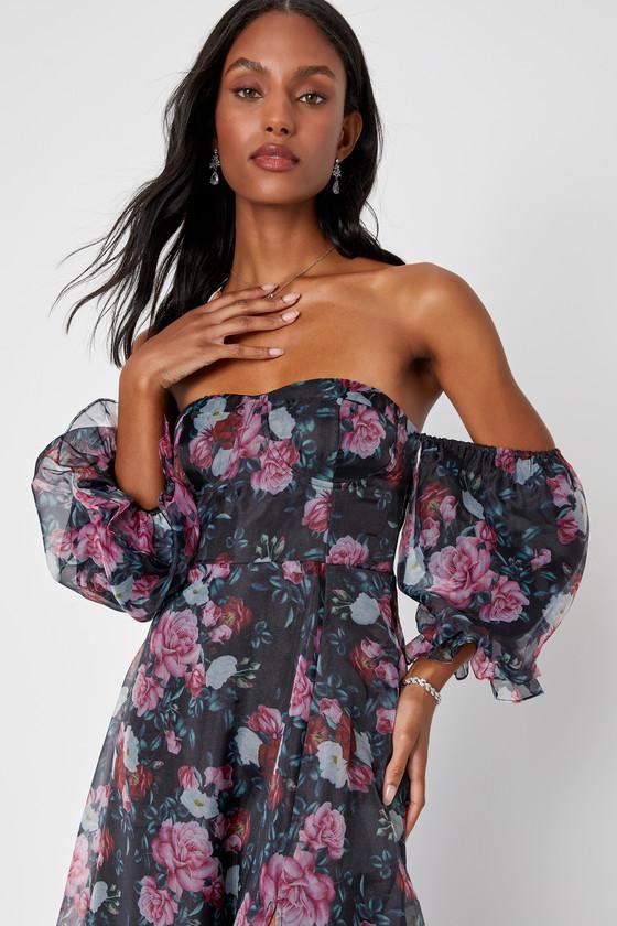 True Excellence Black Floral Bustier Off-The-Shoulder Gown Product Image