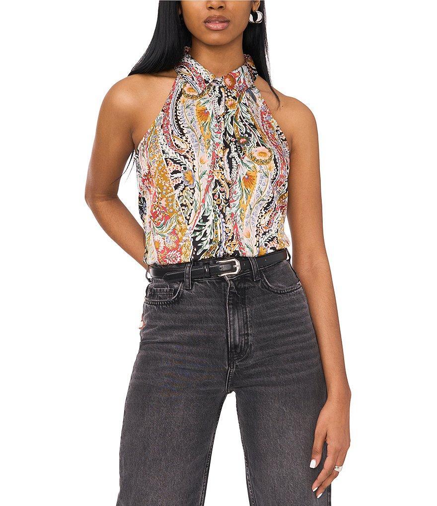 1. STATE Printed Point Collar Neckline Sleeveless Button Down Paisley Blouse Product Image