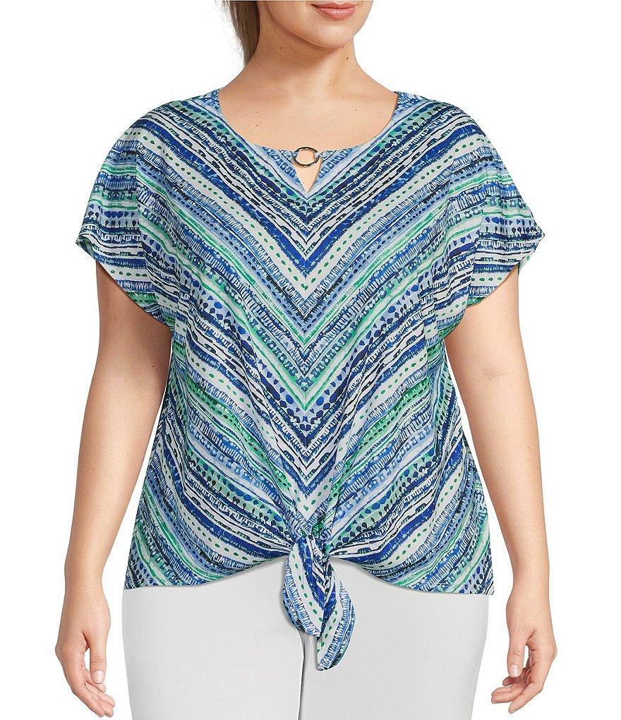 Allison Daley Plus Size Batik Stripe Cap Sleeve Keyhole Neck Tie Front Knit Top Product Image