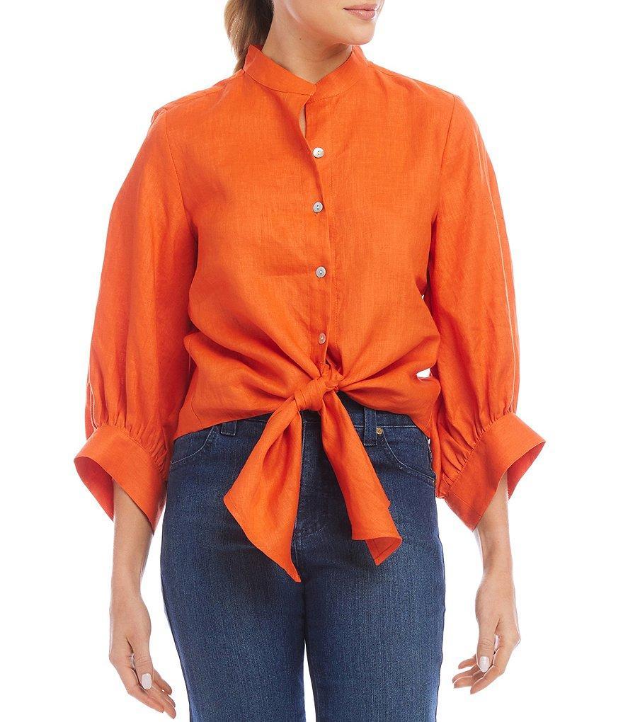 Karen Kane Linen Mandarin Collar 3/4 Blouson Sleeve Wide Cuff Tie Front Button Front Top Product Image