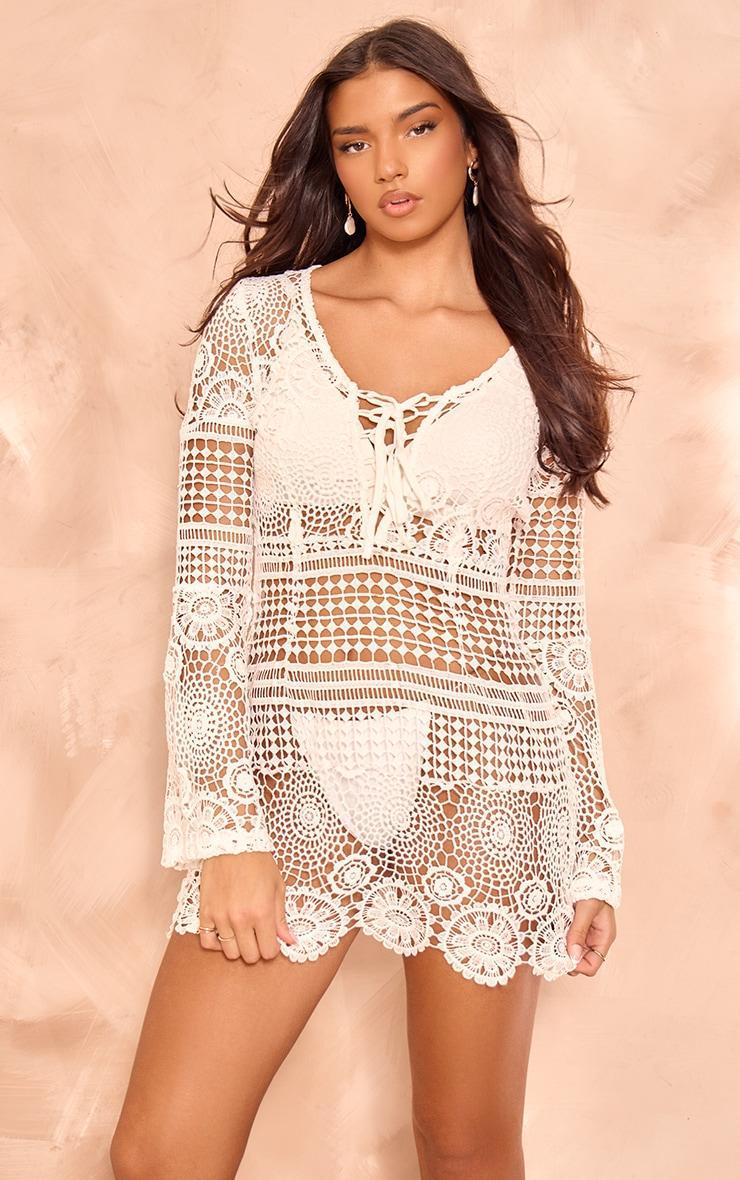 White Tie Front Flare Sleeve Crochet Lace Bodycon Dress Product Image