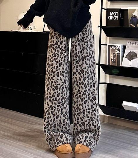 Drawstring Waist Leopard Print Wide Leg Pants Product Image