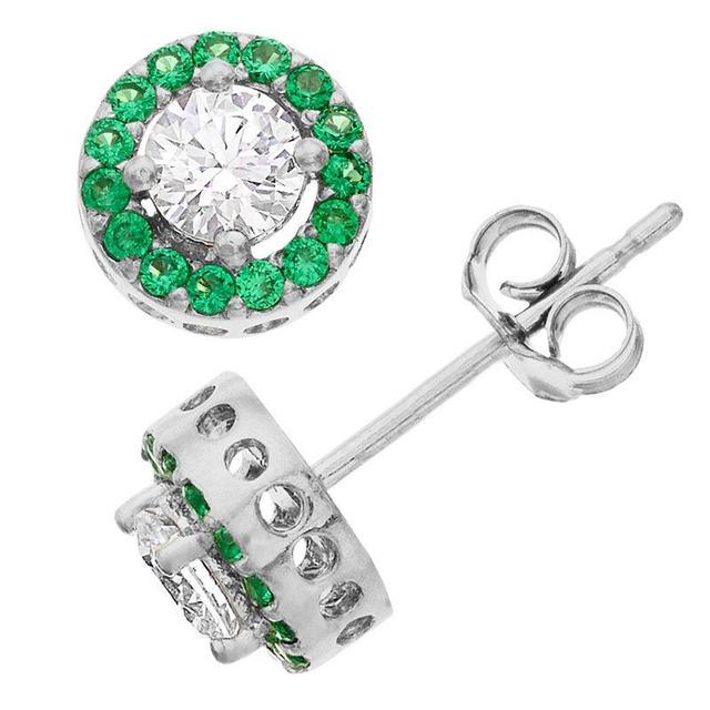 Aleure Precioso Sterling Silver Lab-Created Gemstone & Cubic Zirconia Halo Stud Earrings, Womens, Sterling Silver Green Product Image