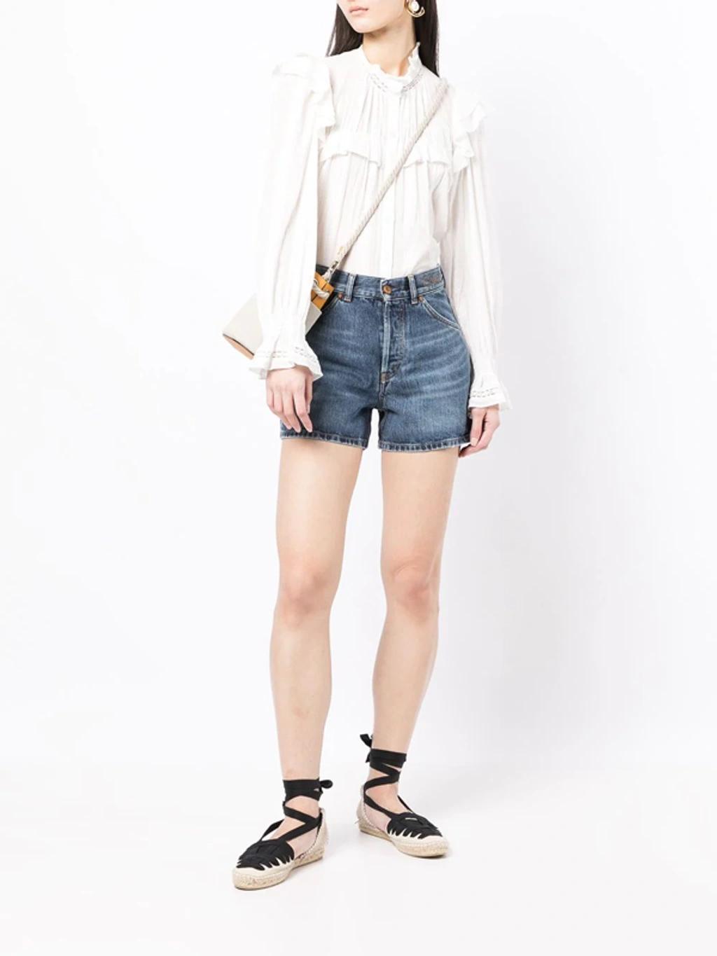 Embroidered High-rise Denim Shorts In Blue Product Image