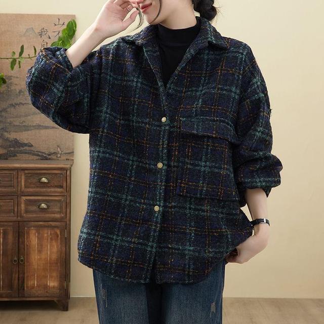 Long Sleeve Collared Plaid Shirt Jacket Product Image