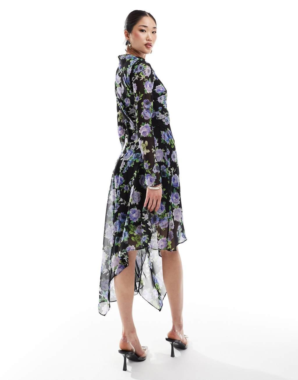 Mango midi floral high split dress in black Product Image