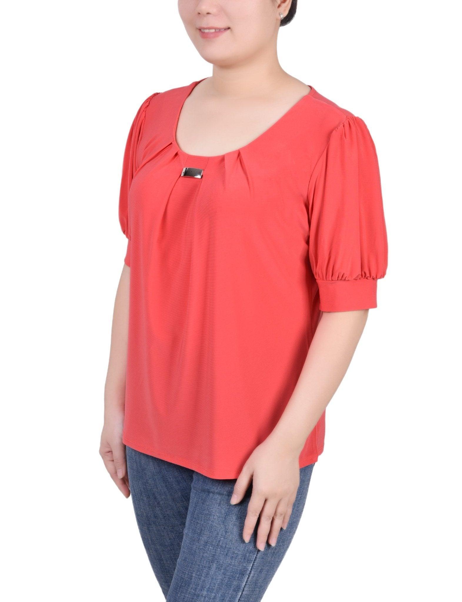 Short Sleeve Balloon Sleeve Top With Hardware - Petite Product Image