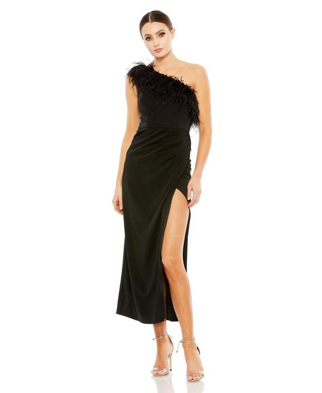 Mac Duggal Feather Trim One-Shoulder Cocktail Midi Dress Product Image