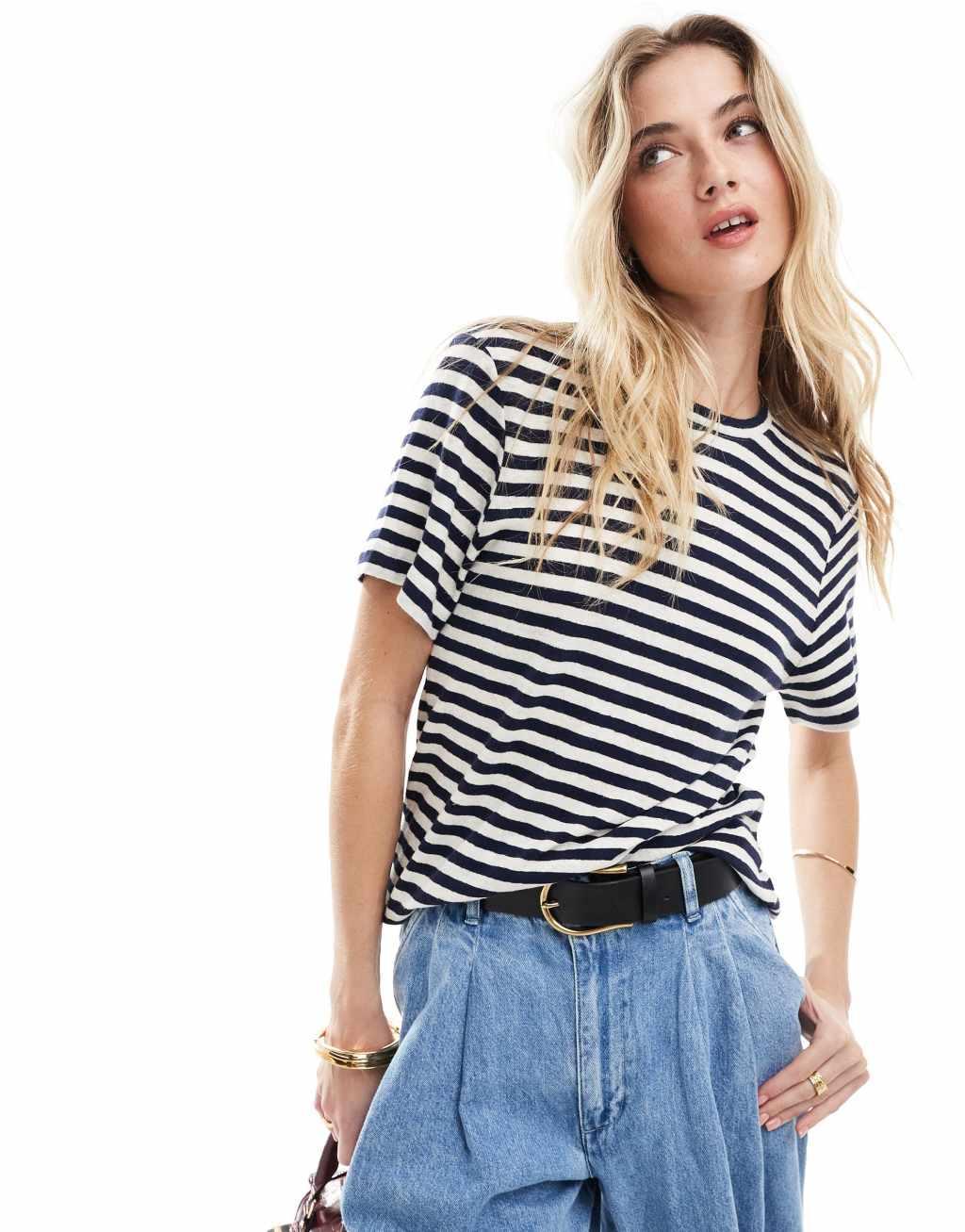 & Other Stories linen blend relaxed short sleeve T-shirt in blue and white stripes Product Image