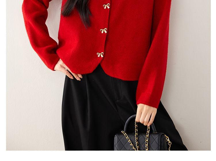 Round Neck Plain Bow Button Cardigan Product Image