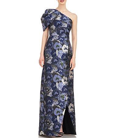 Kay Unger Floral Jacquard One Shoulder Drape Puff Sleeve Gown Product Image