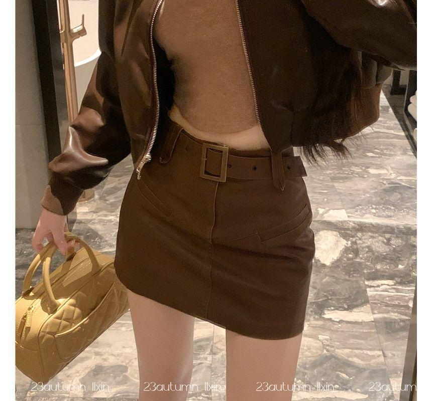 High Rise Plain Faux Leather Mini Pencil Skirt Product Image