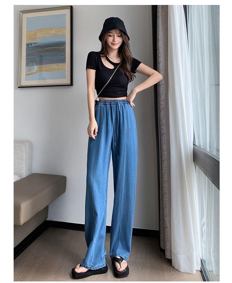 Drawstring Waist Washed Loose Fit Jeans Product Image