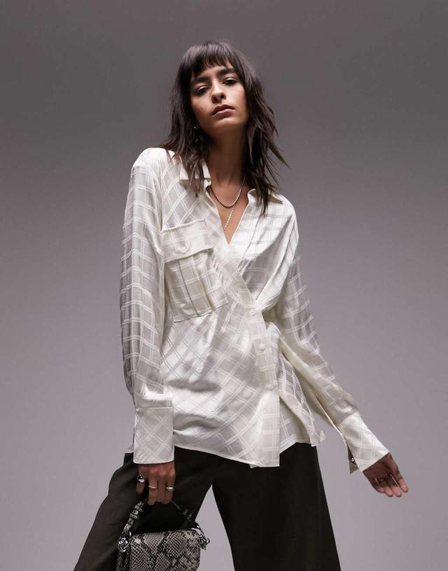 Topshop self plaid satin shirt in ivory  Product Image