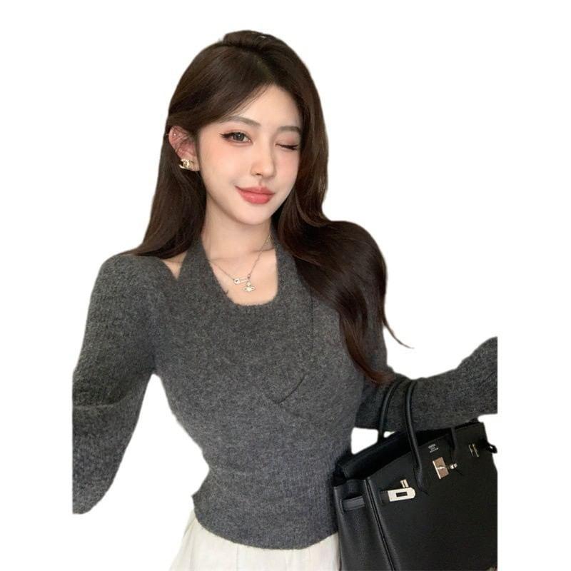 Halter Plain Mock Two Piece Wrap Sweater Product Image