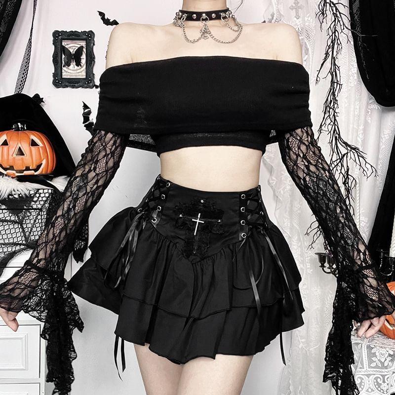 Long-Sleeve Lace Panel Off Shoulder Crop Knit Top Product Image