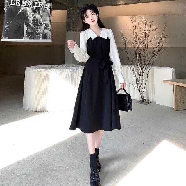 Long-Sleeve Collared Two Tone Midi A-Line Dress Product Image