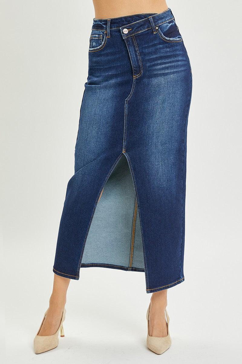 High Rise Crossover Denim Maxi Skirt Product Image