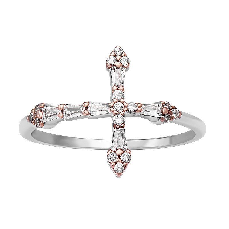 PRIMROSE Two Tone Sterling Silver Cubic Zirconia Baguette Sideways Cross Ring, Womens Two Tone Pink Clear Product Image