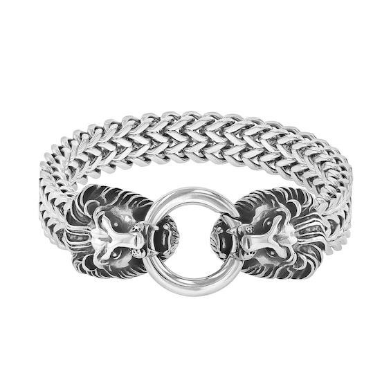 Men's Antique-Finish Double Lion Head Link Bracelet in Stainless Steel - 9.0" Product Image