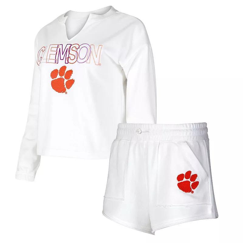 Womens Concepts Sport White Clemson Tigers Sunray Notch Neck Long Sleeve T-shirt and Shorts Set Product Image