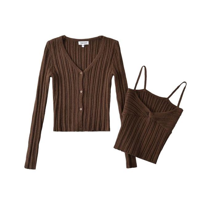 Set: Long-Sleeve V-Neck Plain Button Ribbed Knit Top + Knot Crop Cami Top Product Image