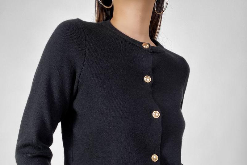 Crew Neck Plain Button Up Crop Cardigan Product Image