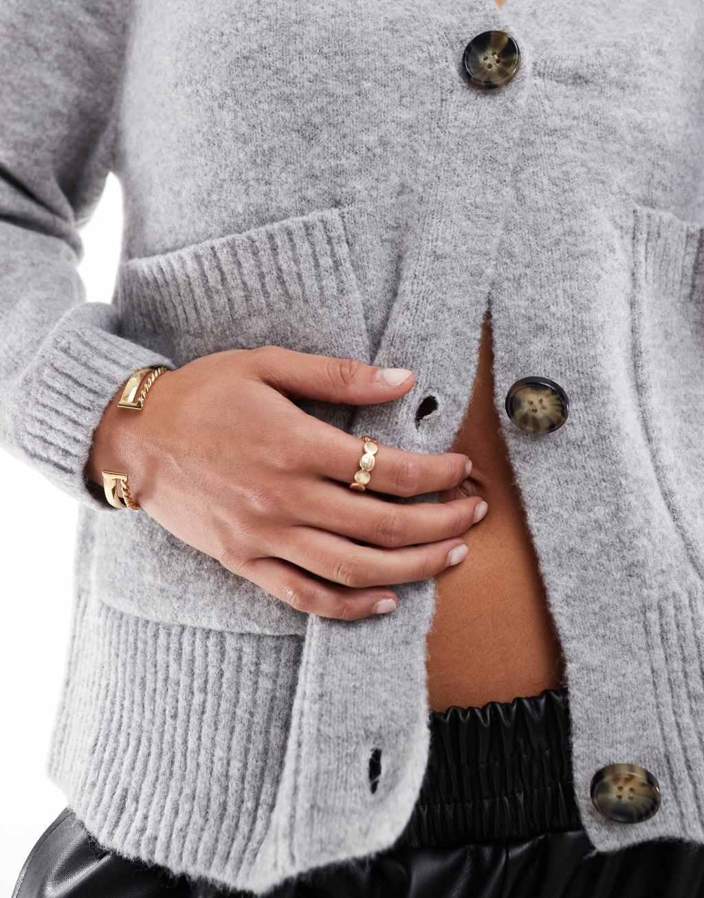 Vero Moda boxy knitted cardigan with pockets in light gray Product Image