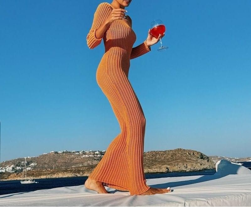 Long-Sleeve Crewneck Ribbed Knit Maxi Mermaid Dress Product Image