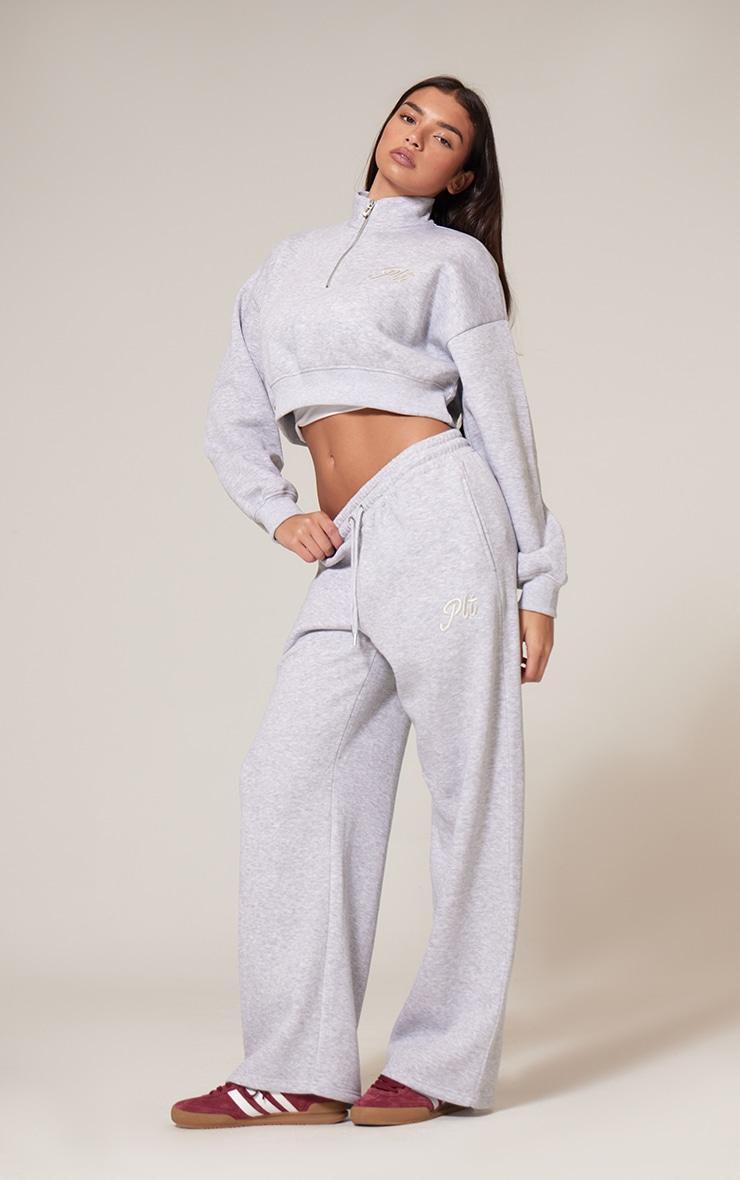 PRETTYLITTLETHING Grey Marl Tonal Embroidered Wide Leg Sweatpant Product Image