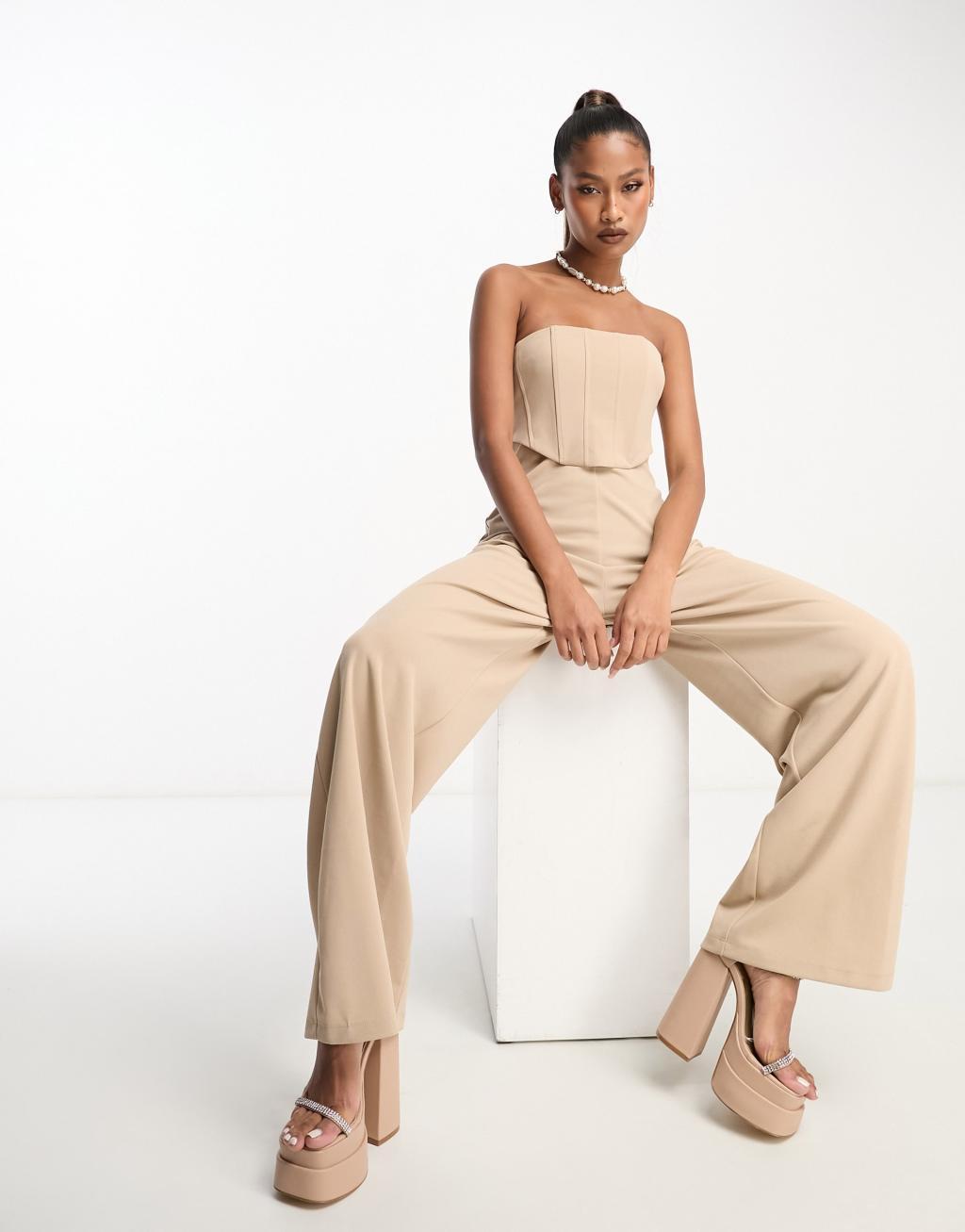 ASOS DESIGN bandeau corset wide leg jumpsuit in stone Product Image