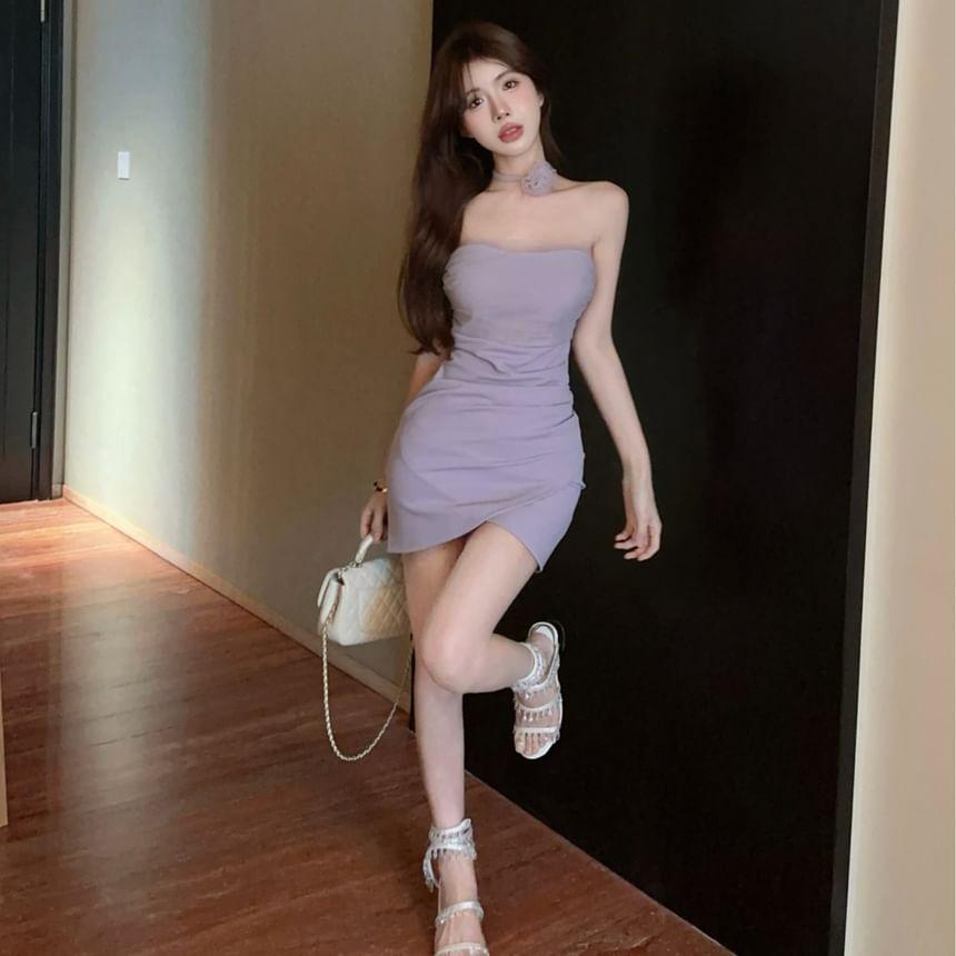 Set: Plain Asymmetrical Mesh Panel Mini Bodycon Tube Dress + Flower Choker Product Image