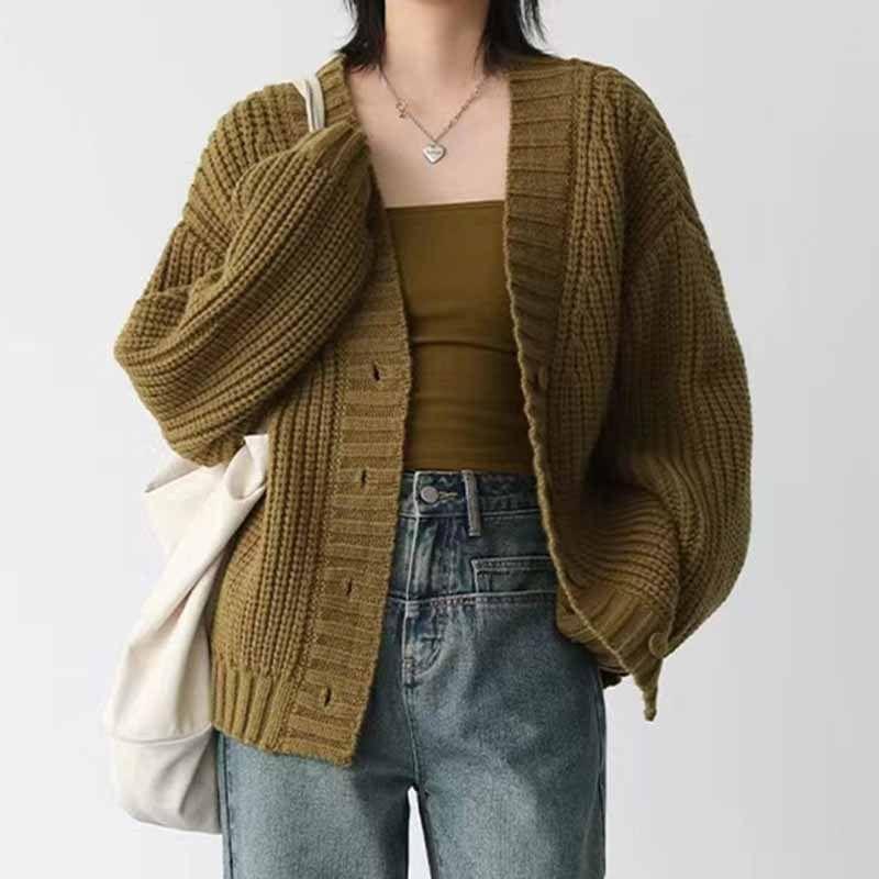 V-Neck Plain Chunky Knit Button-Up Cardigan Product Image