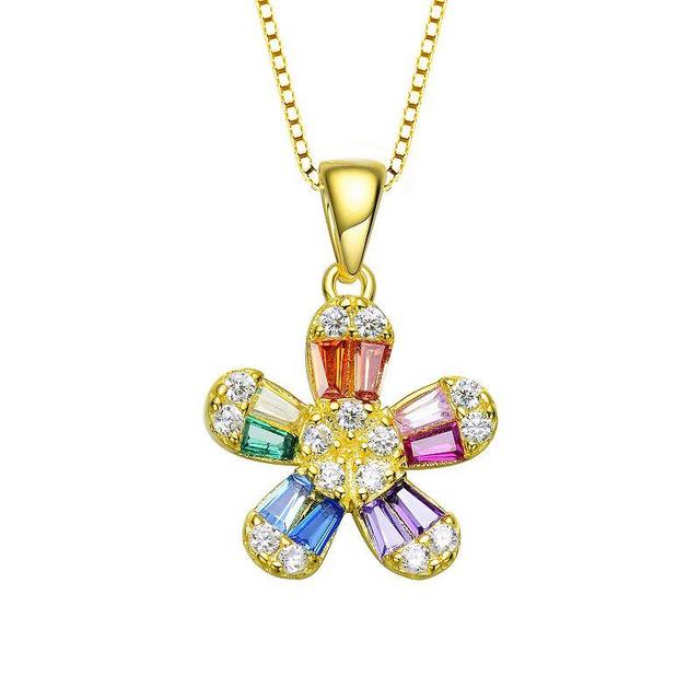 14k Gold Over Silver Multi Color Cubic Zirconia Baguette Flower Pendant Necklace, Womens Gold Tone Product Image