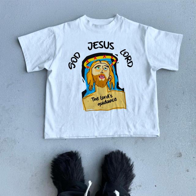 Christianity Jesus Cartoon Jesus - Guide Of The Lord - Printed Cartoon Pattern Cotton T-Shirt Product Image