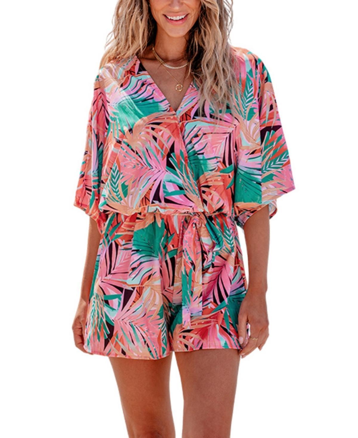 Cupshe Womens Tropical Surplice Belted Flared Leg Romper Product Image