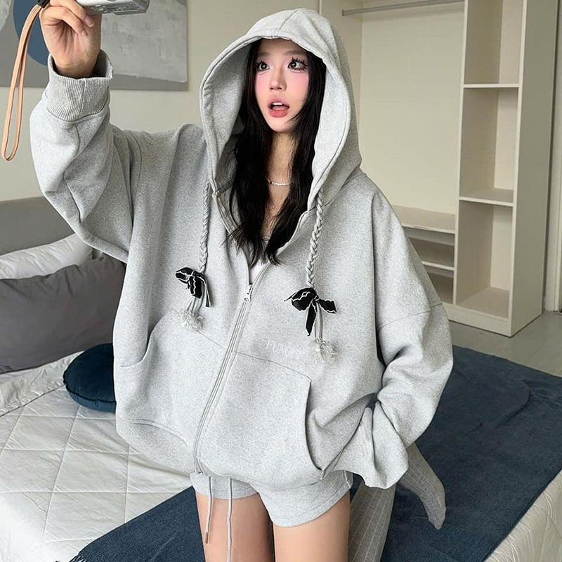 Ribbon Accent Zip-Up Hoodie Product Image