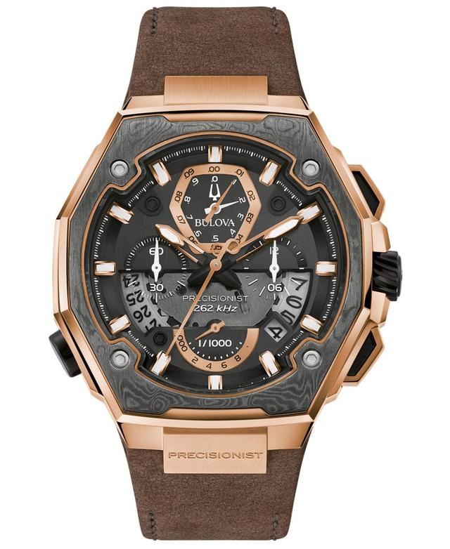 Men's Bulova Precisionist X Rose-Tone Chronograph Brown Leather Strap Watch with Black Dial (Model: 98B356) Product Image