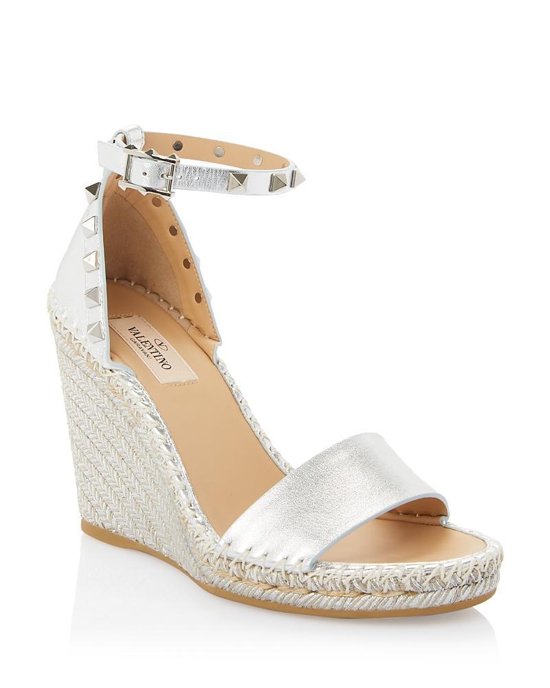 Womens Rockstud Double Wedge Sandals in Metallic Nappa Leather 95 mm Product Image