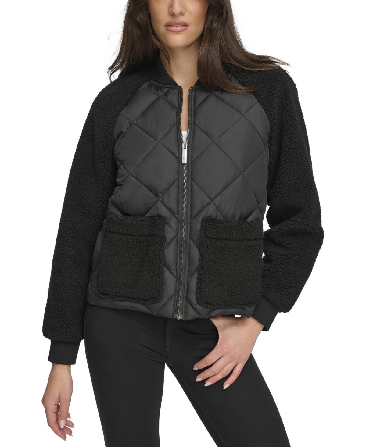 Andrew Marc Sport Womens Mixed Sherpa And Quilt Bomber Jacket Product Image