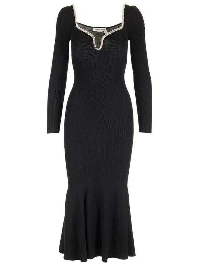 Crystal-embellished Ruffled Ribbed-knit Midi Dress In Black Product Image