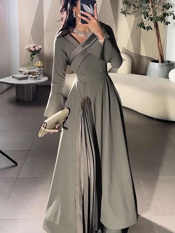 A-Line Wrap Pleated Solid Color Split-Joint V-Neck Maxi Dresses Product Image