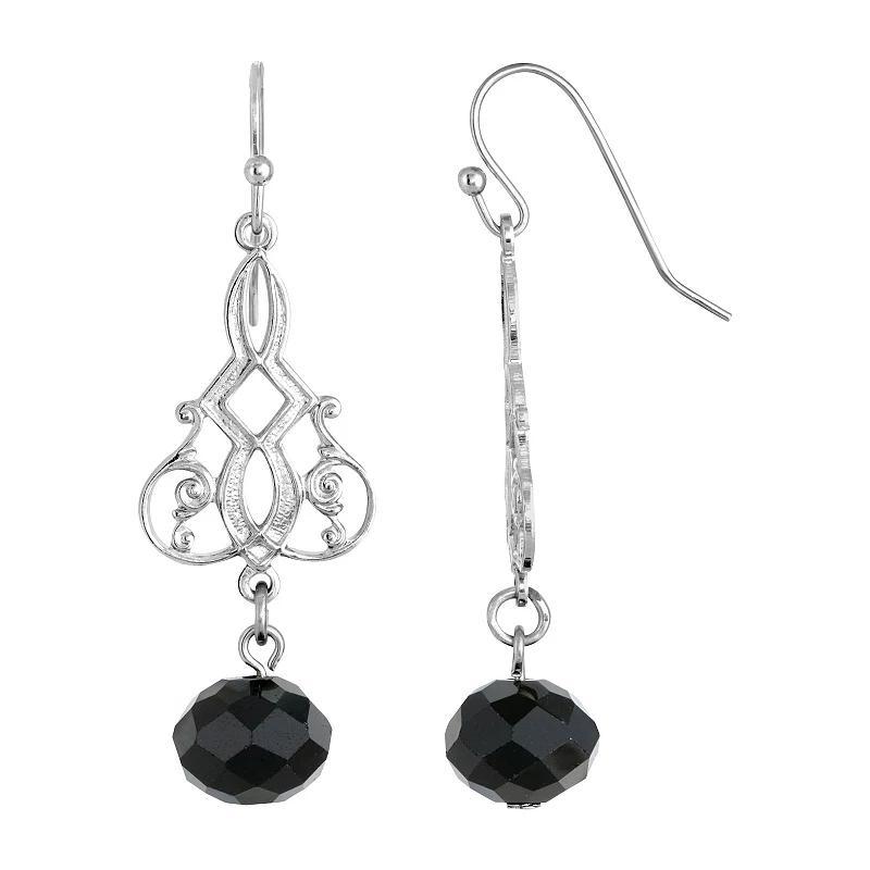 1928 Silver Tone Black Simulated Crystal Filigree Drop Earrings, Womens Product Image