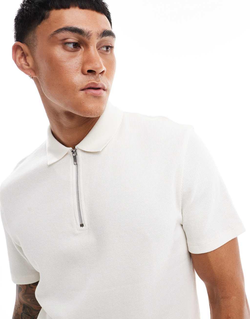 ASOS DESIGN waffle polo with zipper in cream Product Image